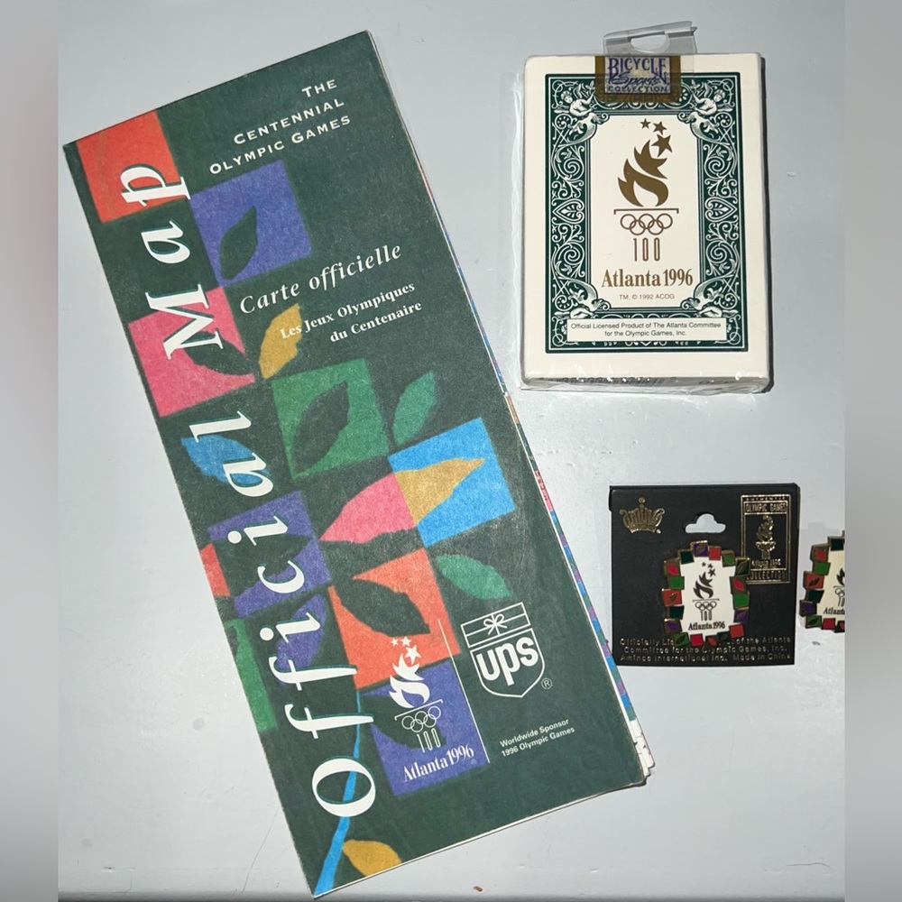 Atlanta 1996 Olympic Map, New Bicycle Playing Cards & 2 - 1996 Olympic Pins